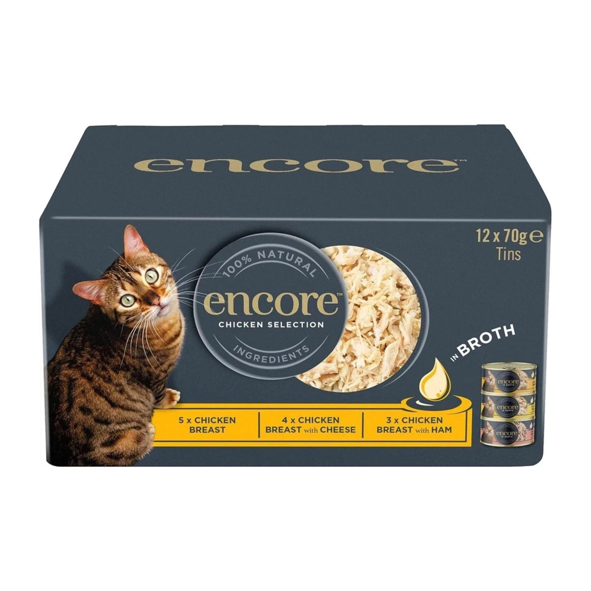 Encore 100% Natural Wet Cat Food, Multipack Chicken Selection in Broth (12 x 70g Tins) - High Protein, No Fillers, Sustainable Packaging