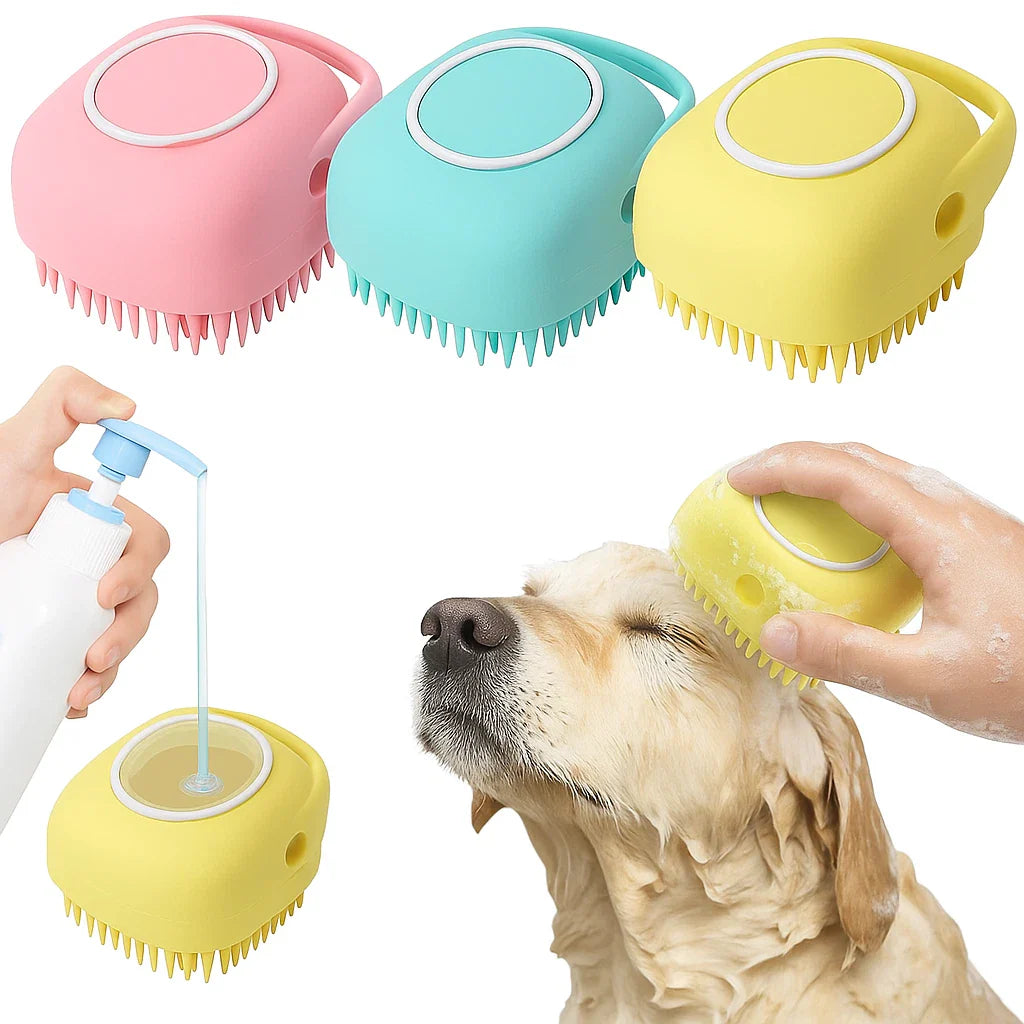 Silicone Pet Bath Brush with Massage & Shampoo Dispenser – Grooming Tool for Dogs & Cats